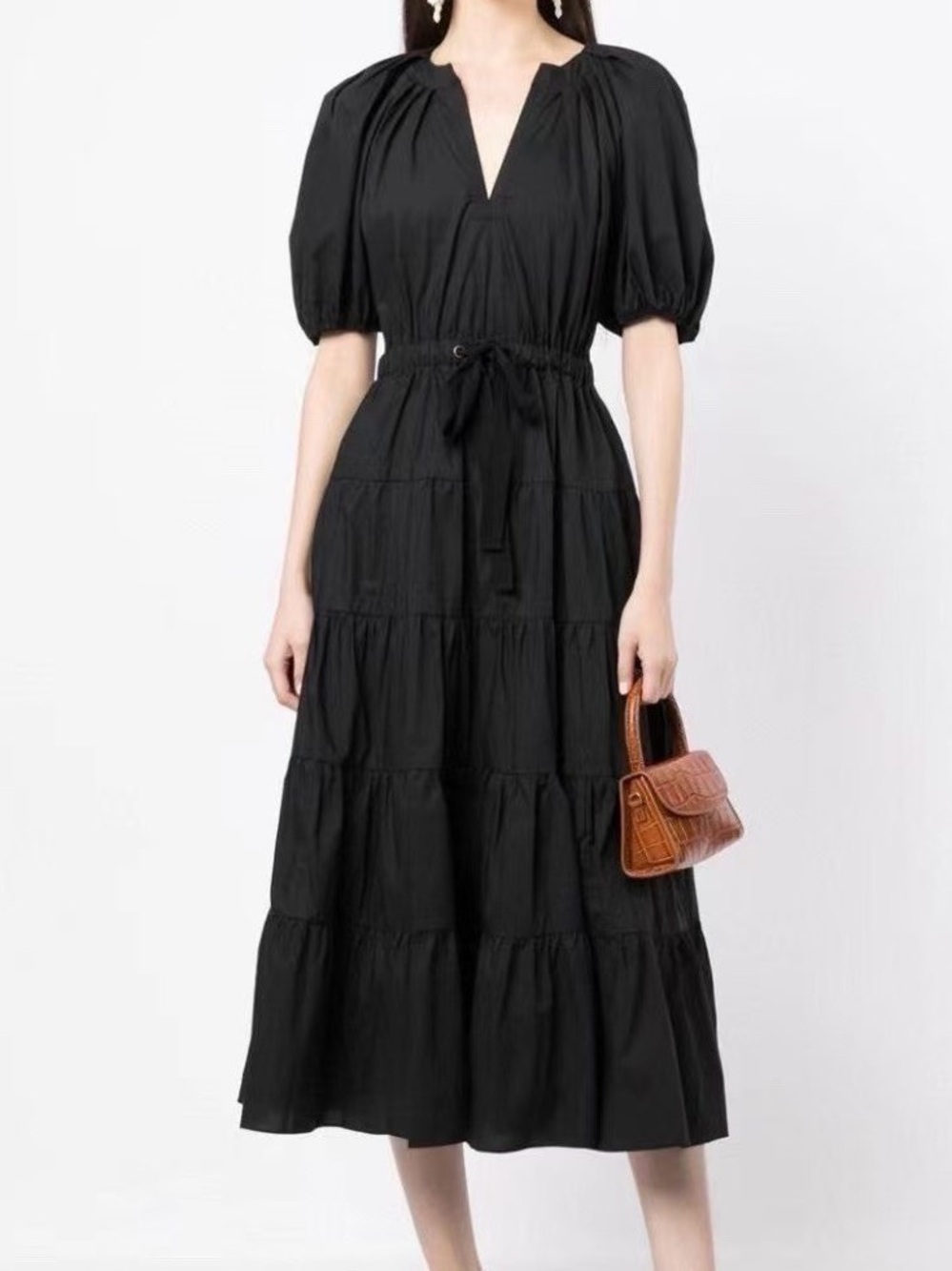 NWOT Ulla Johnson Black Tiered Puff-Sleeve Cotton Midi Dress, Size US 0/2/4/6